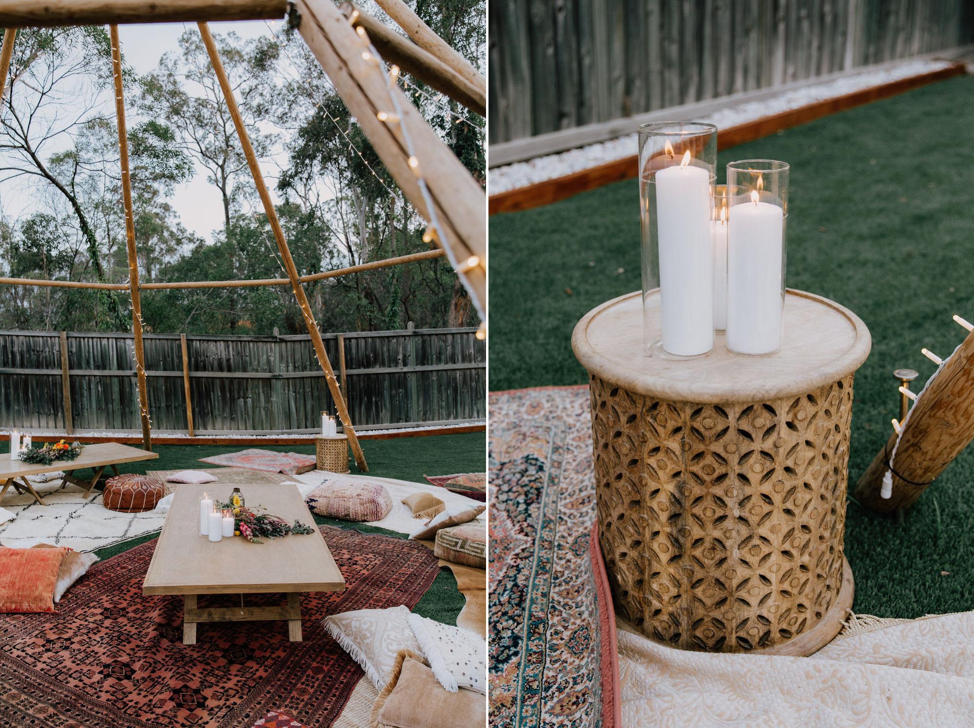 Backyard Tipi Wedding rugs and cushions